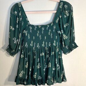Short Sleeve Green Blouse with Flower Print